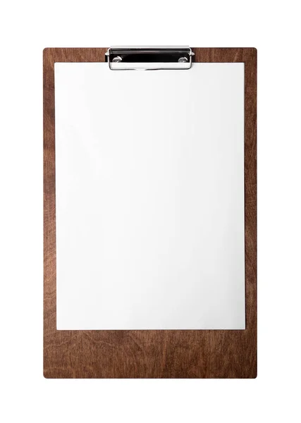 Houten Klembord Met Vel Papier Geïsoleerd Wit Bovenaanzicht Ruimte Voor — Stockfoto