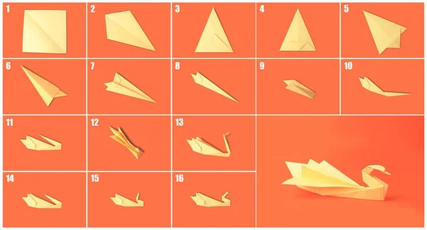 Origami Konst Göra Papper Svan Steg För Steg Foto Collage — Stockfoto