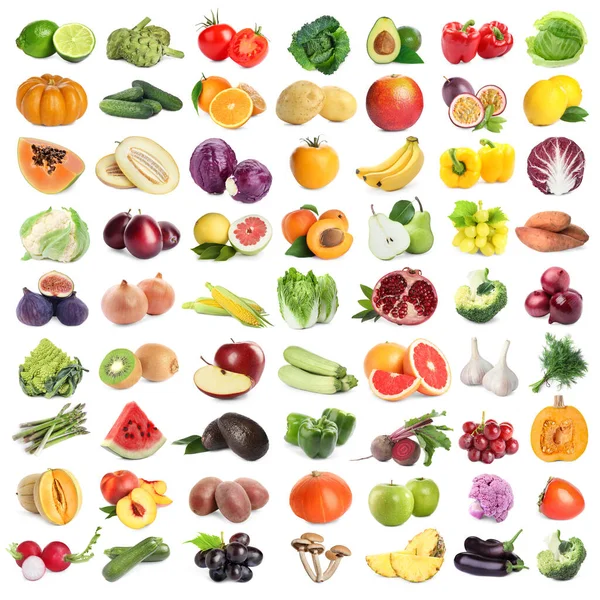 Många Färska Frukter Och Grönsaker Vit Bakgrund Collage Design — Stockfoto