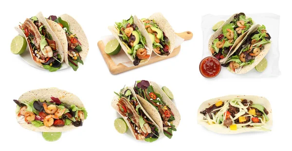 stock image Delicious tacos isolated on white, collage design