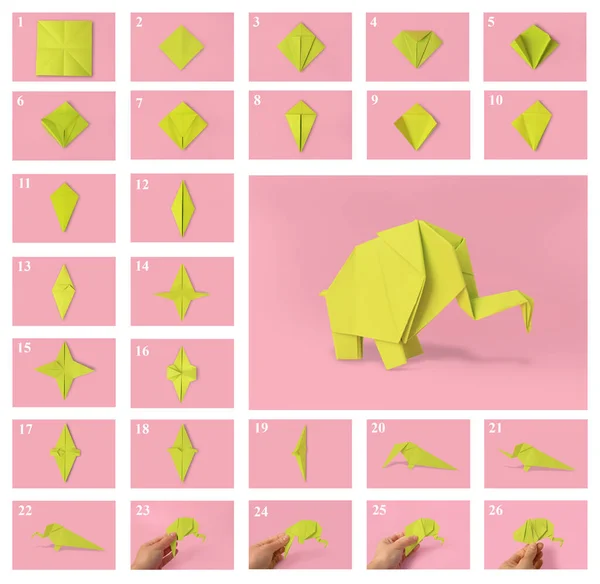 Origami art. Making yellow paper elephant step by step, photo collage on pink background