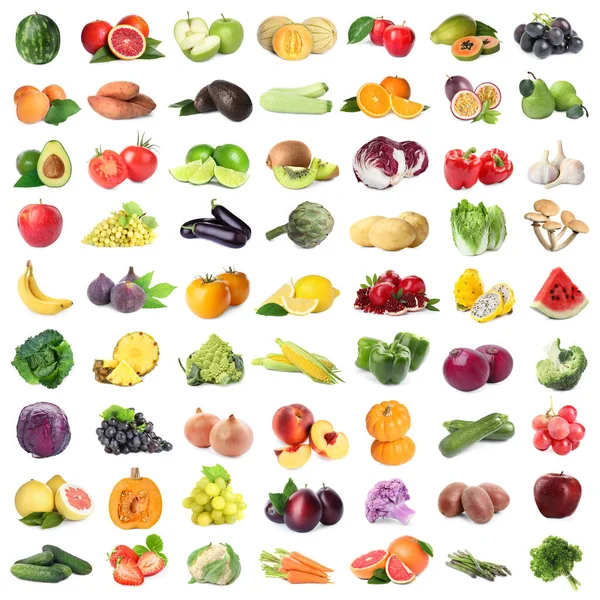 Muchas Frutas Verduras Frescas Sobre Fondo Blanco Diseño Collage — Foto de Stock