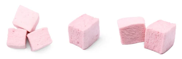 Kollázs Ízletes Rózsaszín Mályvacukor Fehér Alapon — Stock Fotó