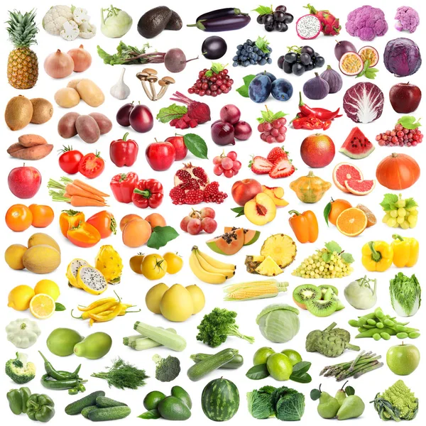 Assortment Fresh Fruits Vegetables White Background Collage Design — Stock Photo, Image