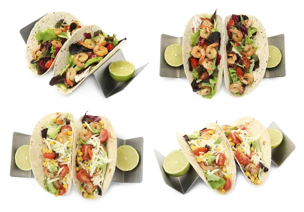 Collage Met Heerlijke Taco Witte Achtergrond Boven Zijaanzichten — Stockfoto