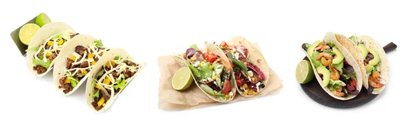 Köstliche Tacos Isoliert Auf Weiß Collage Design — Stockfoto