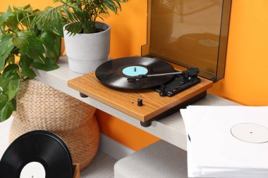 İçerideki konsol masasında vinil plaklı şık bir pikap.