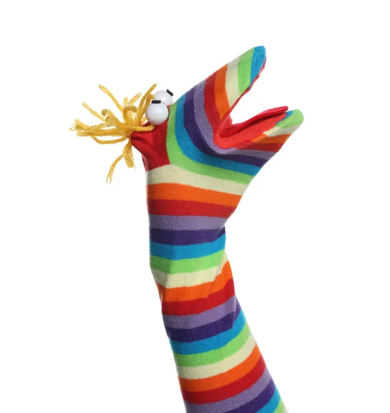Весела Маріонетка Шкарпетки Волоссям Ізольована Білому — стокове фото