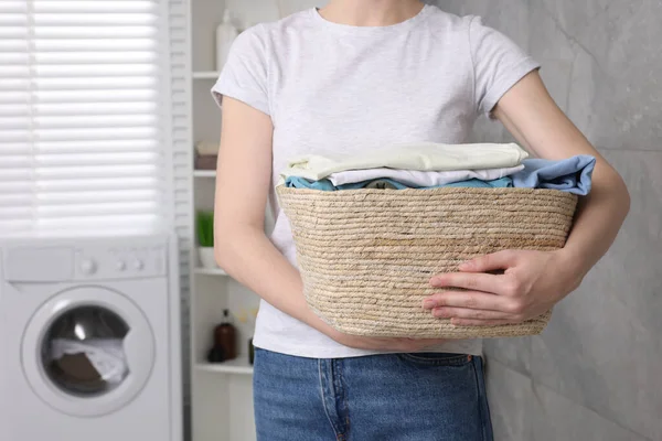 Woman Basket Full Laundry Bathroom Closeup — Stock Photo, Image