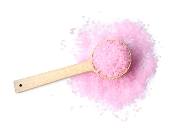 stock image Wooden spoon with pink sea salt on white background, top view