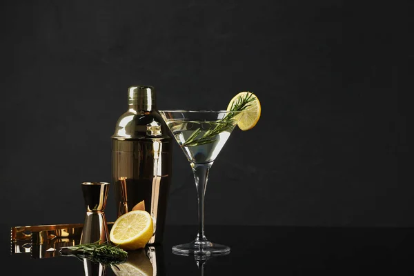 Martini cocktail with lemon slice, rosemary, shaker and fresh fruit on black background