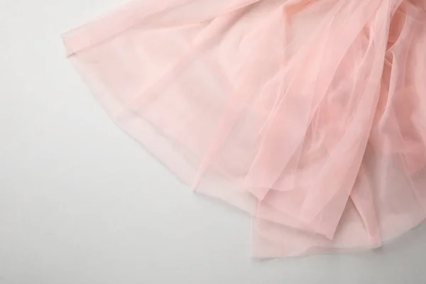 Beautiful Tulle Fabric Light Grey Background Top View — Photo