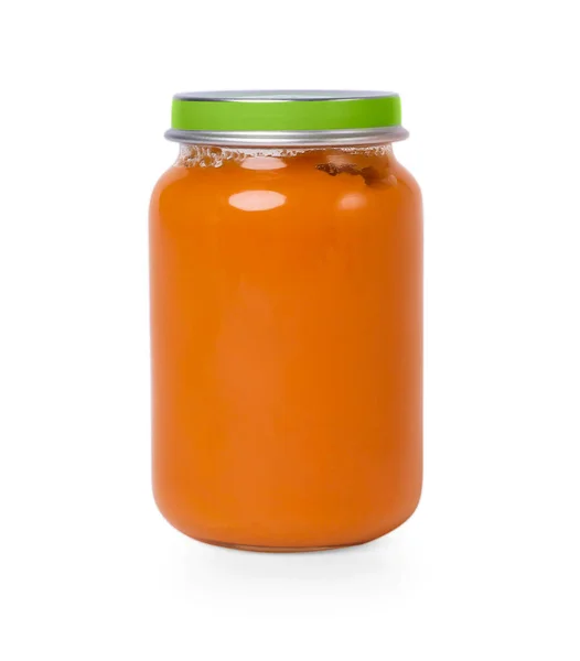 Glass Jar Healthy Baby Food Isolated White — Stock Photo, Image