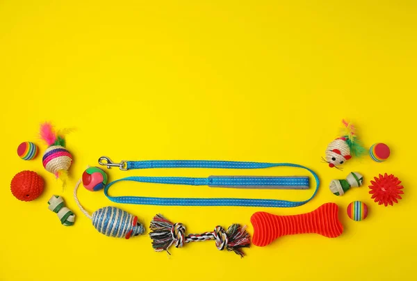 바닥에 가죽끈 과노란 배경에 장난감으로 글자를 공간을 만들고 — 스톡 사진