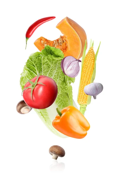 许多不同的新鲜蔬菜落在白色的背景上 — 图库照片