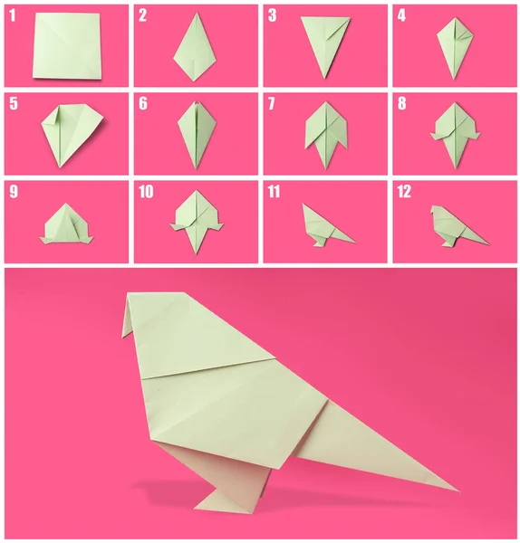 Sztuka Origami Dokonywanie Papieru Ptak Krok Kroku Kolaż Fotograficzny Różowym — Zdjęcie stockowe