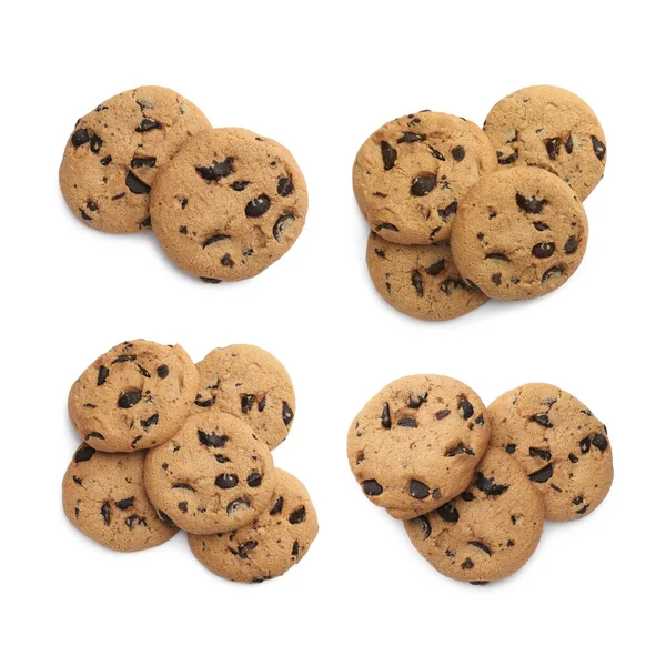 Collage Tasty Chocolate Chip Cookies White Background Top View — Stock Photo, Image