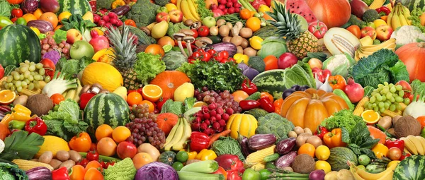 新鮮な野菜や果物を背景に バナーデザインの盛り合わせ — ストック写真