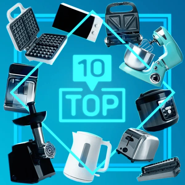 Top ten list of kitchen appliances on light blue gradient background