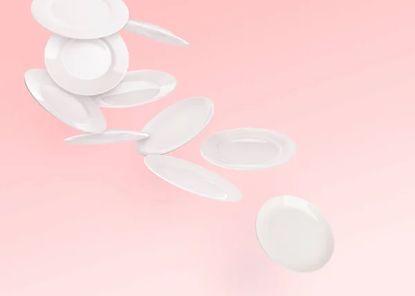 stock image Many white plates falling on pastel pink background