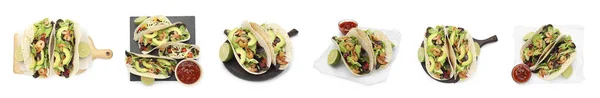 Deliciosos Tacos Isolados Branco Design Colagem — Fotografia de Stock