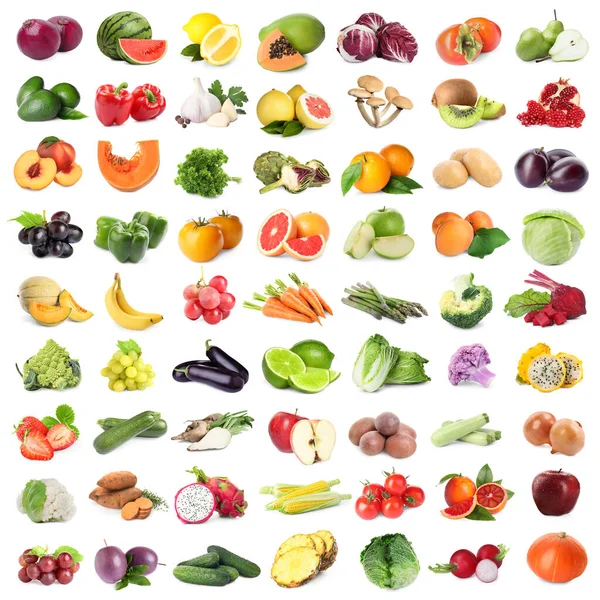 Many Fresh Fruits Vegetables White Background Collage Design Stock Picture