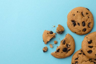 Açık mavi arka planda bir sürü çikolata parçalı kurabiye, düz. Metin için boşluk