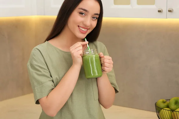 Beautiful Young Woman Drinking Delicious Smoothie Kitchen — Stock Photo, Image