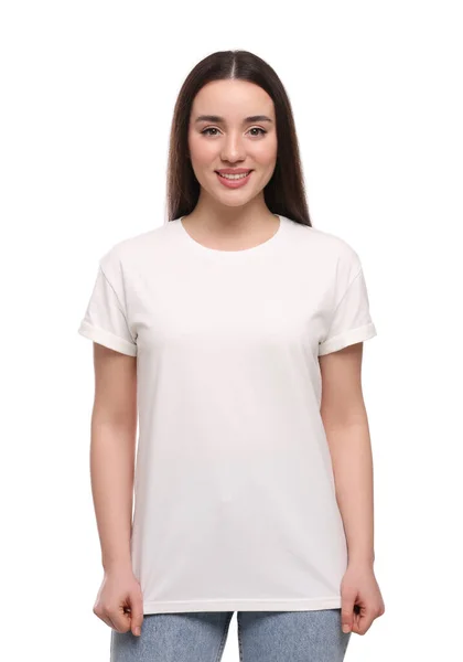 Mulher Vestindo Elegante Camiseta Fundo Branco — Fotografia de Stock