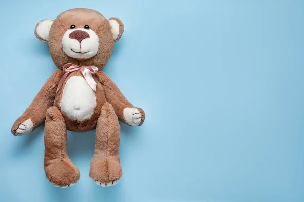 Cute Teddy Bear Light Blue Background Top View Space Text — Stock Photo, Image