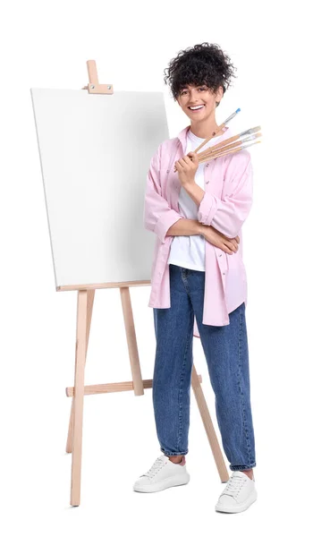 Young Woman Holding Brushes Easel Canvas White Background — Stock Photo, Image