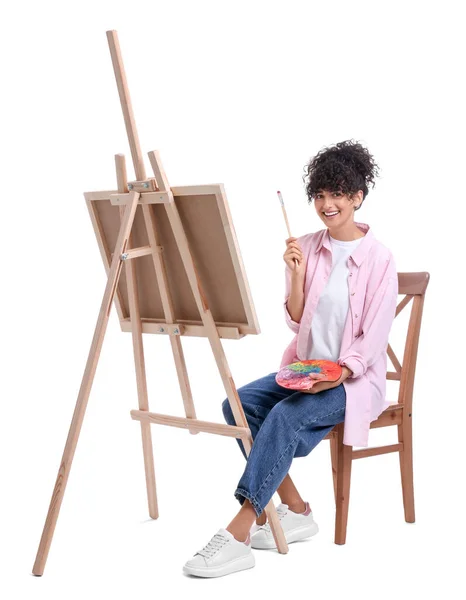 Jeune Femme Tenant Pinceau Palette Artistes Près Chevalet Avec Toile — Photo