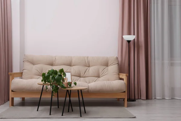 Comfortable Sofa Houseplant Coffee Table Light Room Interior Design — Stock Photo, Image