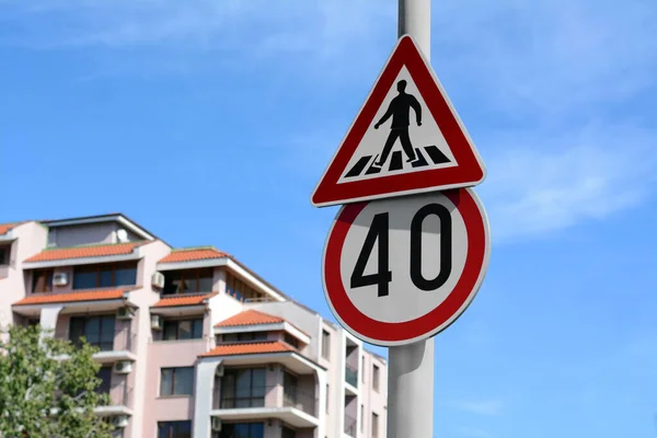 Post Different Road Signs Outdoors Sunny Day — Stock Photo, Image