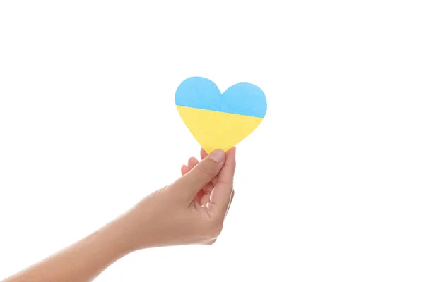 Женщина Держит Бумажное Сердце Цветах Украинского Флага Белом Фоне Крупным — стоковое фото