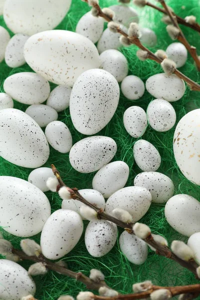 Many Beautifully Painted Easter Eggs Pussy Willow Branches Green Background — Stockfoto