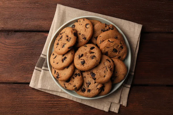 Delicious Chocolate Chip Cookies Wooden Table Top View — Stock Photo, Image