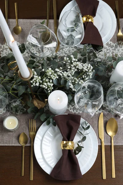 Stylish Elegant Table Setting Festive Dinner Flat Lay — Stock Photo, Image