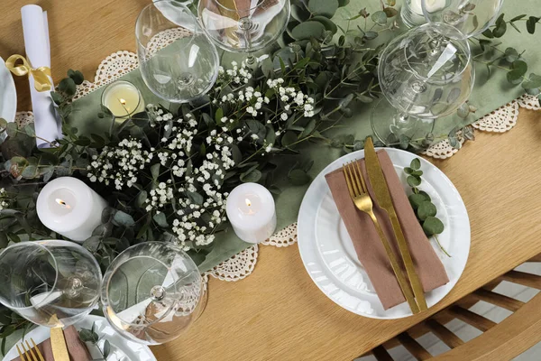Stijlvolle Elegante Tafel Setting Voor Feestelijk Diner Platte Lay — Stockfoto