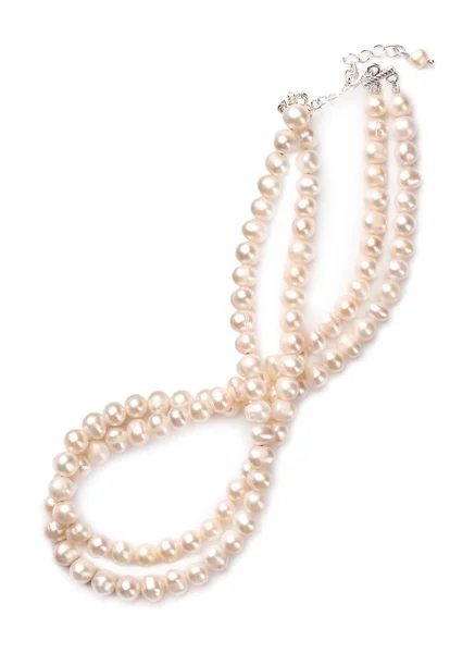 Elegante Collar Perlas Aislado Blanco Vista Superior —  Fotos de Stock