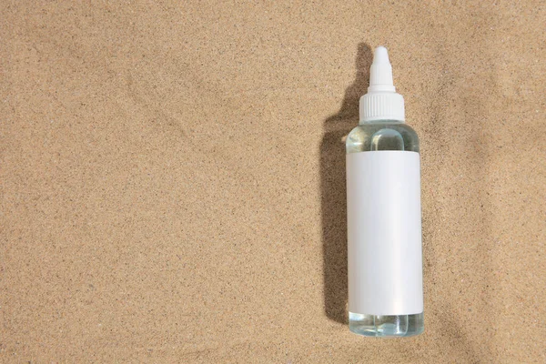 Bottiglia Con Siero Sabbia Vista Dall Alto Spazio Testo Prodotto — Foto Stock