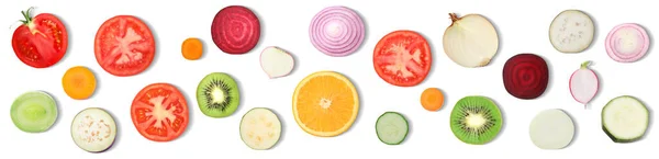 Κολάζ Πολλά Κομμάτια Λαχανικών Και Φρούτων Λευκό Φόντο Top View — Φωτογραφία Αρχείου