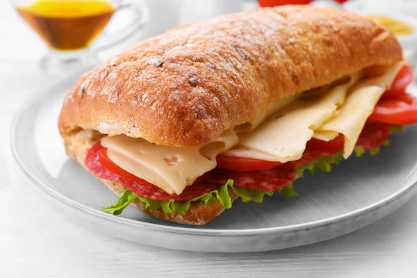 Delicious Sandwich Cheese Salami Tomato White Wooden Table Closeup — Stock Photo, Image