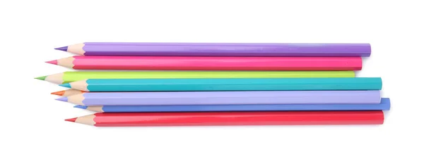 Stos Kolorowych Ołówków Drewnianych Białym Tle Widok Góry — Zdjęcie stockowe