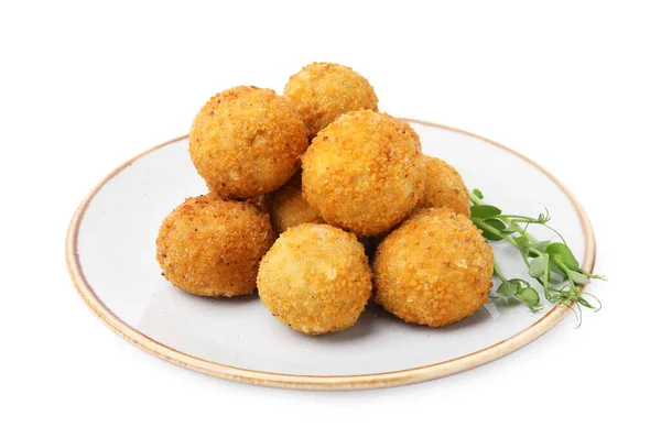 Plate Delicious Fried Tofu Balls Pea Sprouts White Background — Stock Photo, Image