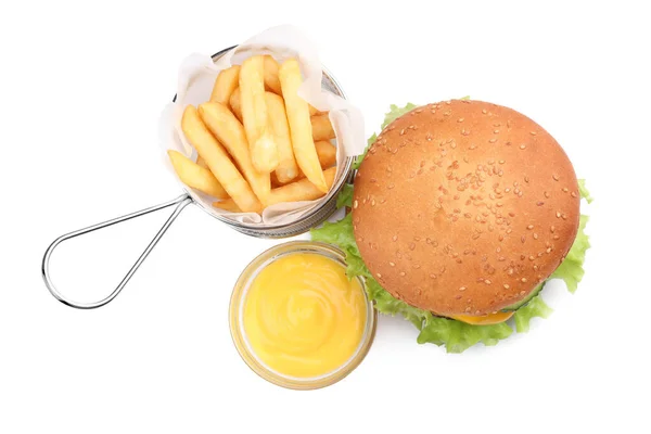 French Fries Frying Basket Sauce Tasty Burger White Background Top — Stock Photo, Image