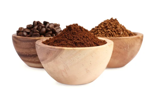 Kommen Bonen Instant Gemalen Koffie Witte Achtergrond — Stockfoto