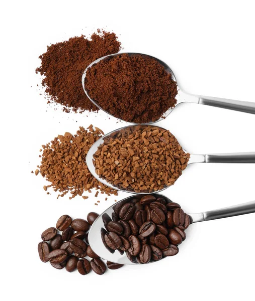 stock image Spoons of beans, instant and ground coffee on white background, top view