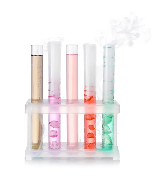 Test Tubes Colorful Liquids Steam Isolated White Chemical Reaction —  Fotos de Stock