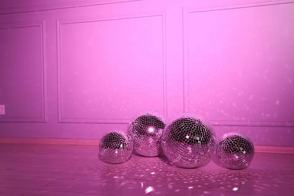 Shiny Disco Balls Indoors Toned Pink Space Text — Stock Photo, Image
